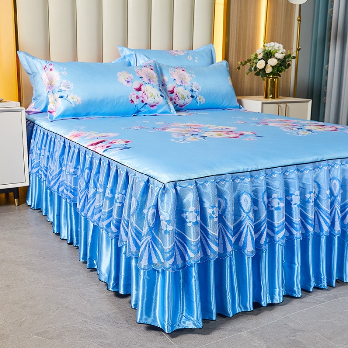 91家纺网 家纺一手货源 找家纺 艾裙海 2025新款冰丝凉席三件套系列-床裙款 幸福花语--天蓝色