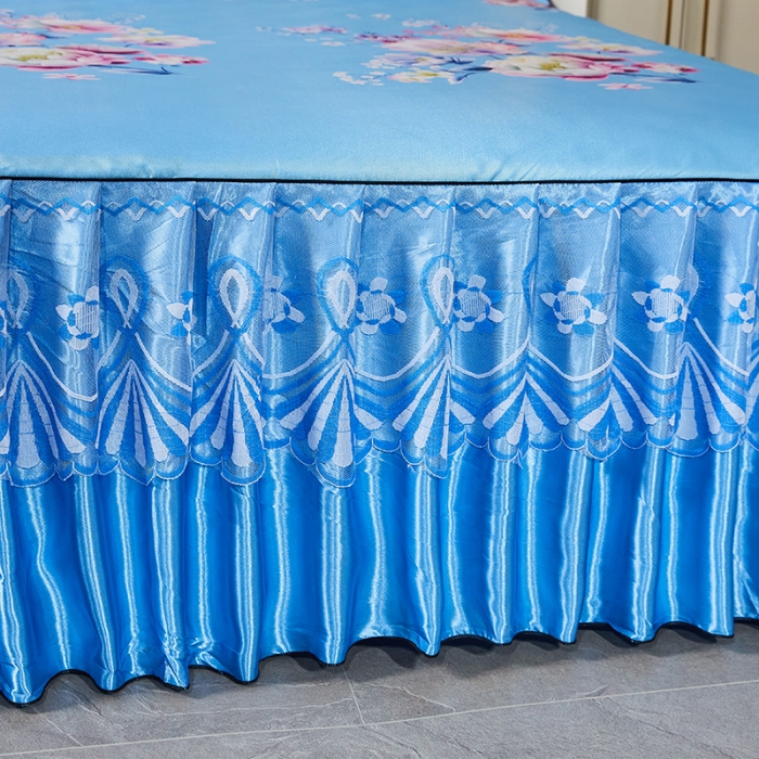 91家纺网 家纺一手货源 找家纺 艾裙海 2025新款冰丝凉席三件套系列-床裙款 幸福花语--天蓝色