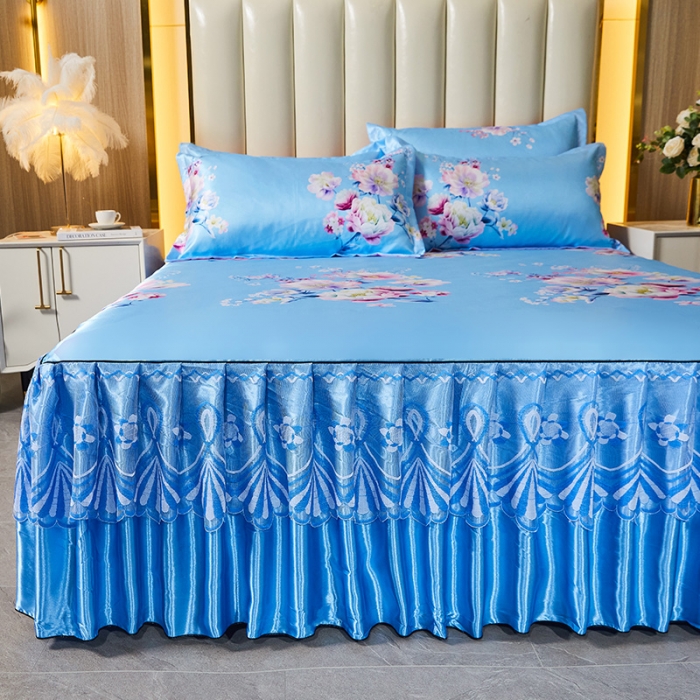 91家纺网 家纺一手货源 找家纺 艾裙海 2025新款冰丝凉席三件套系列-床裙款 幸福花语--天蓝色