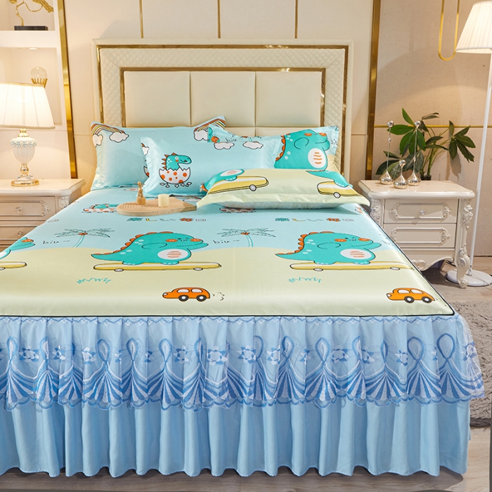 91家纺网 家纺一手货源 找家纺 艾裙海 2025新款冰丝凉席三件套系列-床裙款 小恐龙