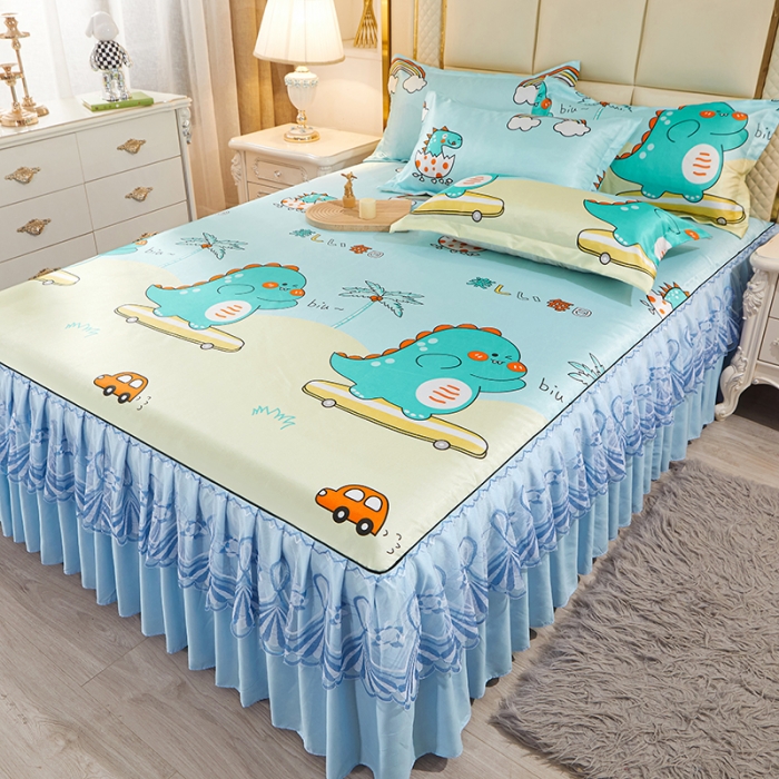 91家纺网 家纺一手货源 找家纺 艾裙海 2025新款冰丝凉席三件套系列-床裙款 小恐龙