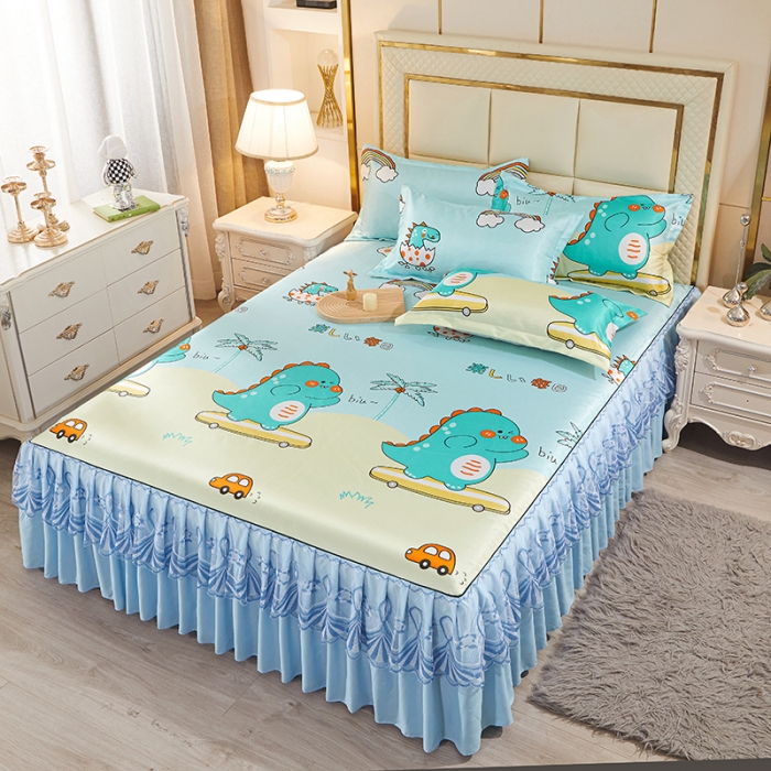 91家纺网 家纺一手货源 找家纺 艾裙海 2025新款冰丝凉席三件套系列-床裙款 小恐龙