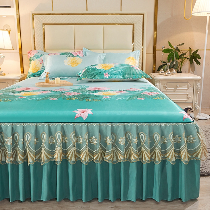 91家纺网 家纺一手货源 找家纺 艾裙海 2025新款冰丝凉席三件套系列-床裙款 夏之花语