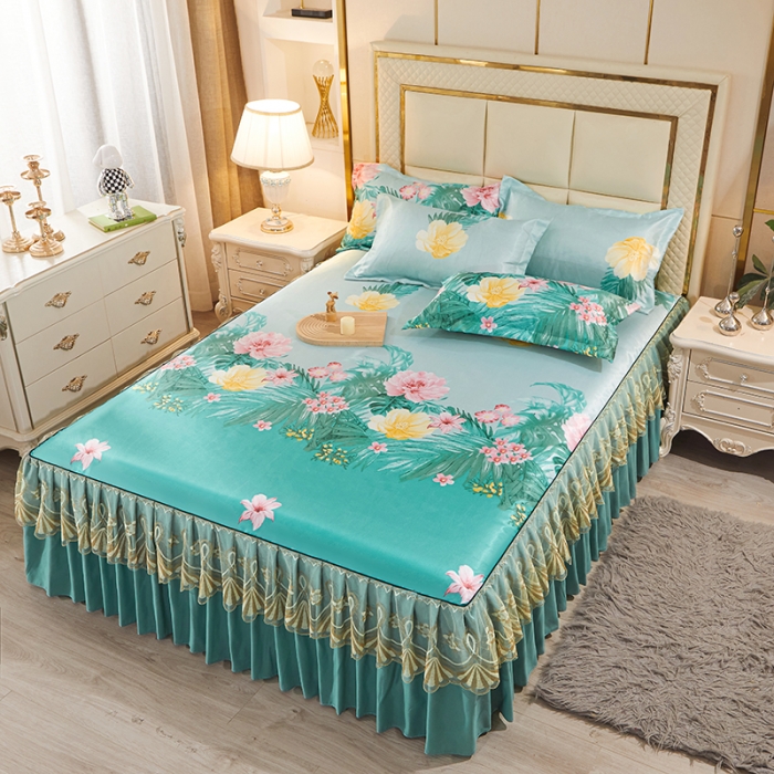 91家纺网 家纺一手货源 找家纺 艾裙海 2025新款冰丝凉席三件套系列-床裙款 夏之花语