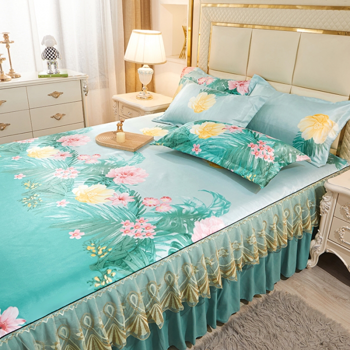 91家纺网 家纺一手货源 找家纺 艾裙海 2025新款冰丝凉席三件套系列-床裙款 夏之花语