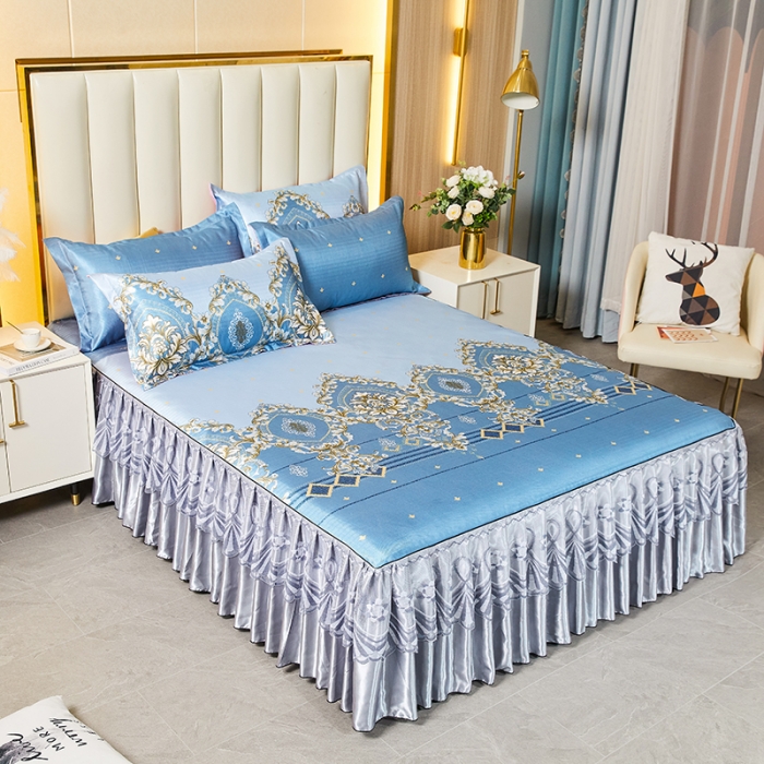 91家纺网 家纺一手货源 找家纺 艾裙海 2025新款冰丝凉席三件套系列-床裙款 欧式风情