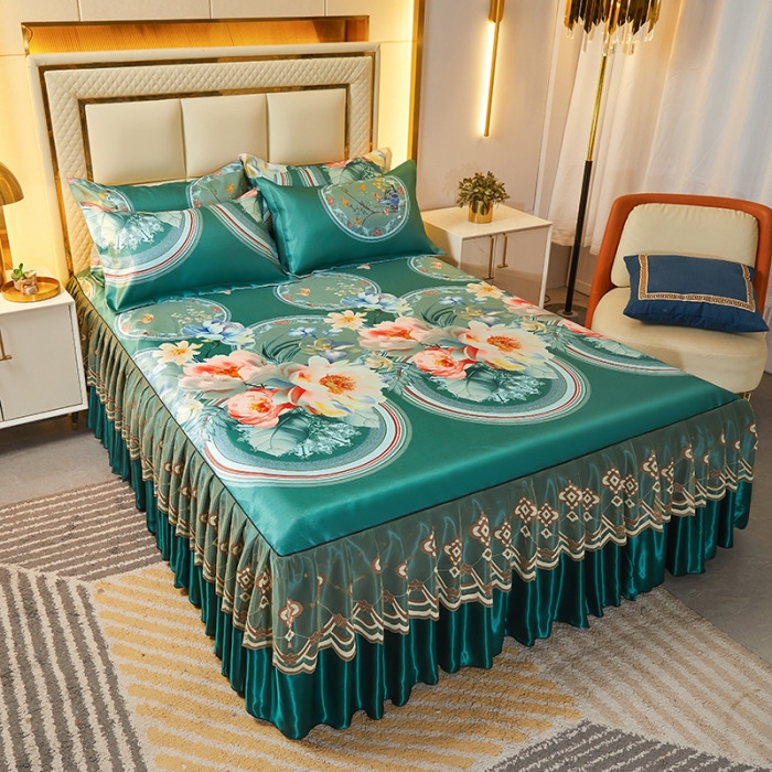 91家纺网 家纺一手货源 找家纺 艾裙海 2025新款冰丝凉席三件套系列-床裙款 落英缤纷