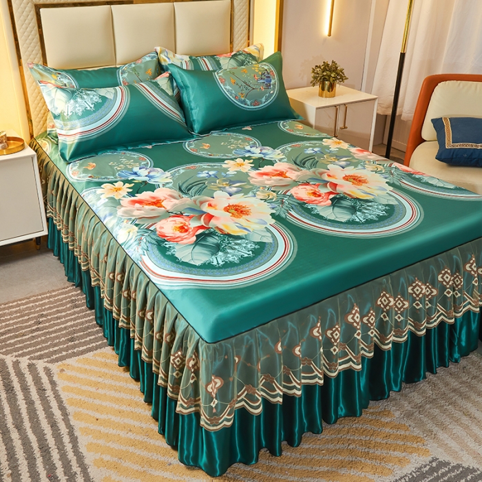 91家纺网 家纺一手货源 找家纺 艾裙海 2025新款冰丝凉席三件套系列-床裙款 落英缤纷