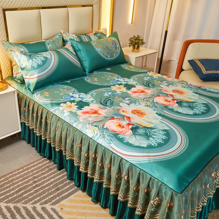 91家纺网 家纺一手货源 找家纺 艾裙海 2025新款冰丝凉席三件套系列-床裙款 落英缤纷