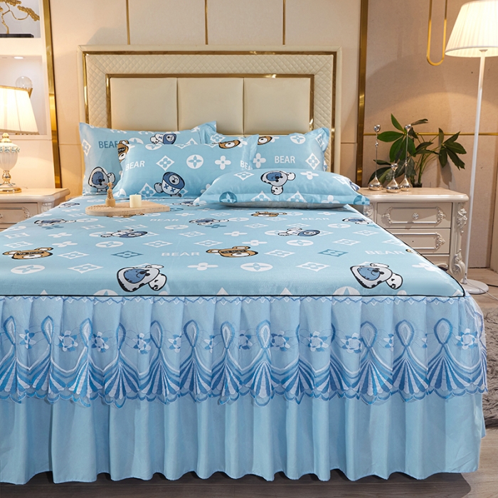 91家纺网 家纺一手货源 找家纺 艾裙海 2025新款冰丝凉席三件套系列-床裙款 蓝色精灵