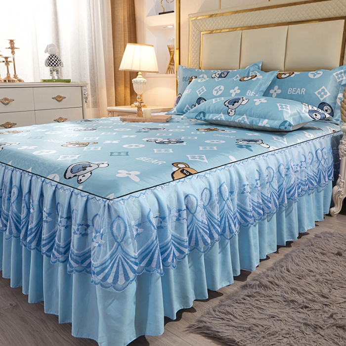 91家纺网 家纺一手货源 找家纺 艾裙海 2025新款冰丝凉席三件套系列-床裙款 蓝色精灵