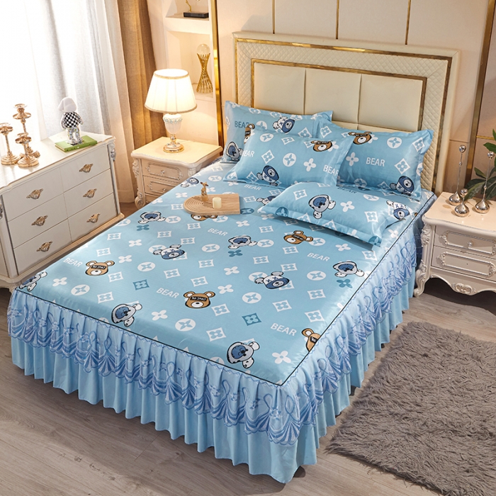 91家纺网 家纺一手货源 找家纺 艾裙海 2025新款冰丝凉席三件套系列-床裙款 蓝色精灵