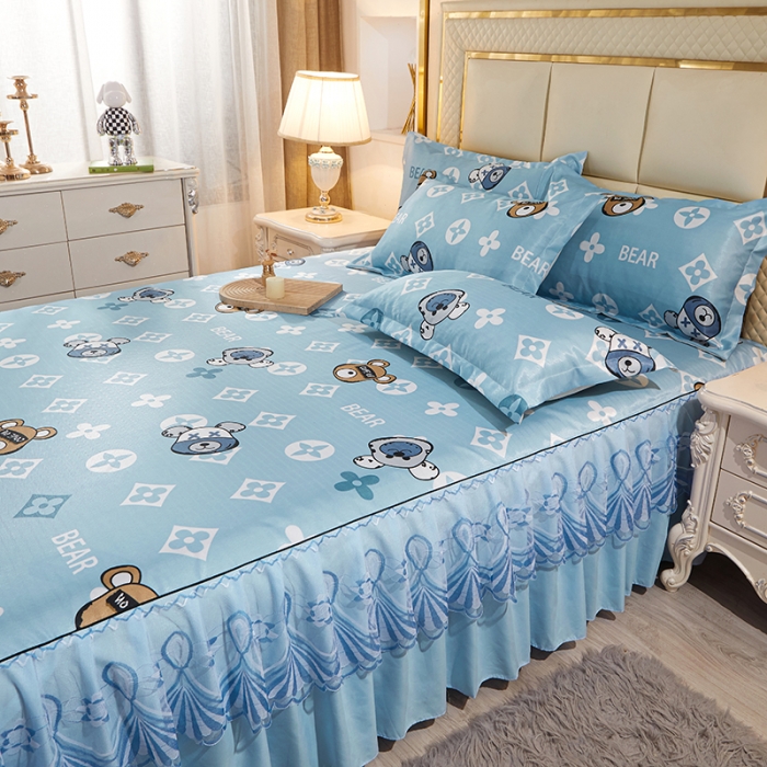 91家纺网 家纺一手货源 找家纺 艾裙海 2025新款冰丝凉席三件套系列-床裙款 蓝色精灵