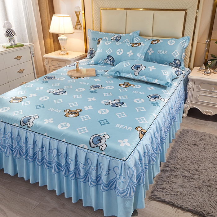 91家纺网 家纺一手货源 找家纺 艾裙海 2025新款冰丝凉席三件套系列-床裙款 蓝色精灵