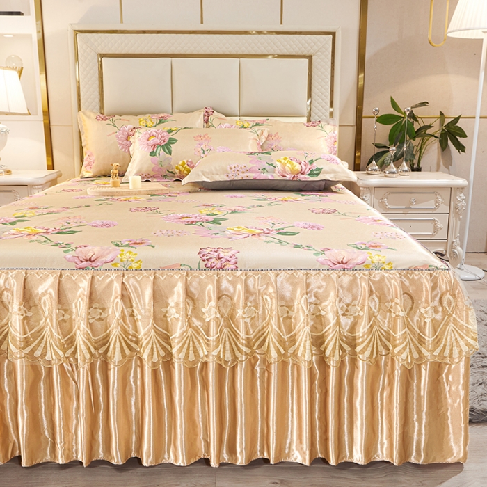 91家纺网 家纺一手货源 找家纺 艾裙海 2025新款冰丝凉席三件套系列-床裙款 金色年华