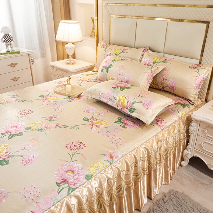 91家纺网 家纺一手货源 找家纺 艾裙海 2025新款冰丝凉席三件套系列-床裙款 金色年华