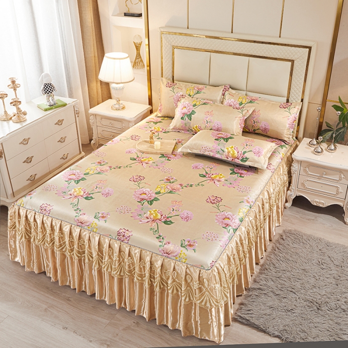 91家纺网 家纺一手货源 找家纺 艾裙海 2025新款冰丝凉席三件套系列-床裙款 金色年华