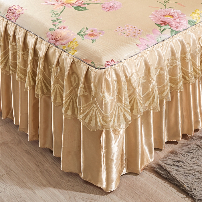 91家纺网 家纺一手货源 找家纺 艾裙海 2025新款冰丝凉席三件套系列-床裙款 金色年华