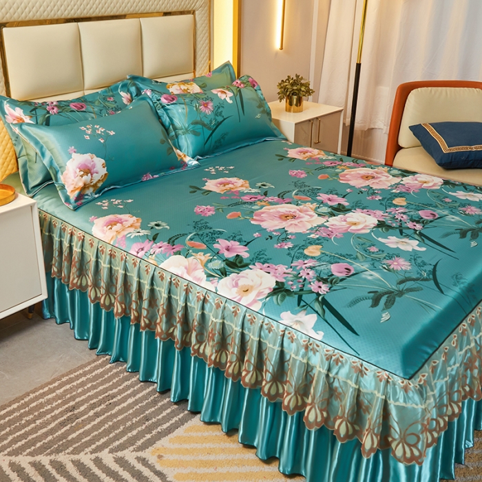 91家纺网 家纺一手货源 找家纺 艾裙海 2025新款冰丝凉席三件套系列-床裙款 花语梦乡