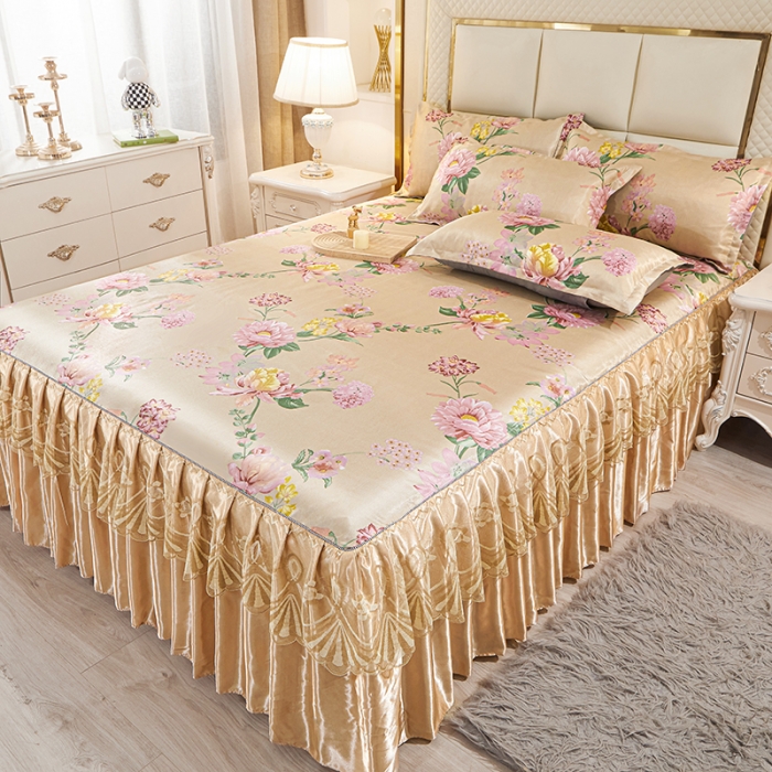 91家纺网 家纺一手货源 找家纺 艾裙海 2025新款冰丝凉席三件套系列-床裙款 金色年华