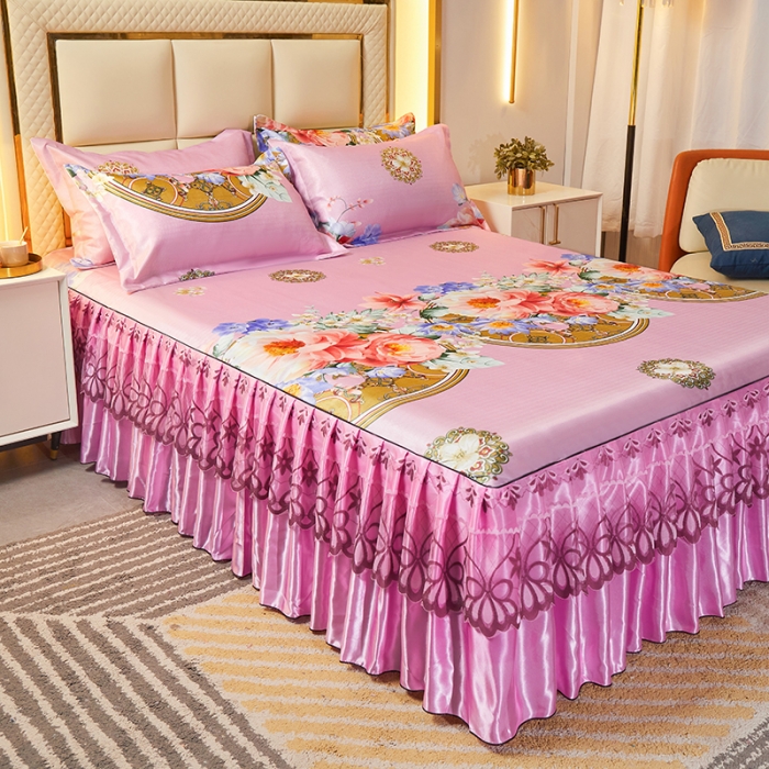 91家纺网 家纺一手货源 找家纺 艾裙海 2025新款冰丝凉席三件套系列-床裙款 花开烂漫-粉