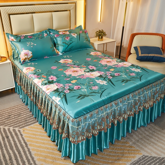 91家纺网 家纺一手货源 找家纺 艾裙海 2025新款冰丝凉席三件套系列-床裙款 花语梦乡