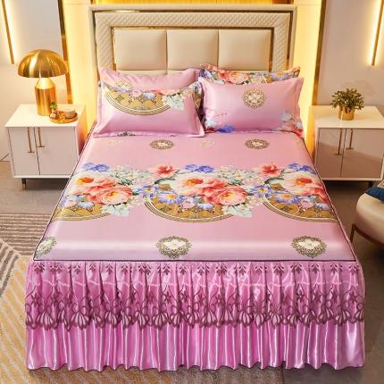 艾裙海 2025新款冰丝凉席三件套系列-床裙款 花开烂漫-粉