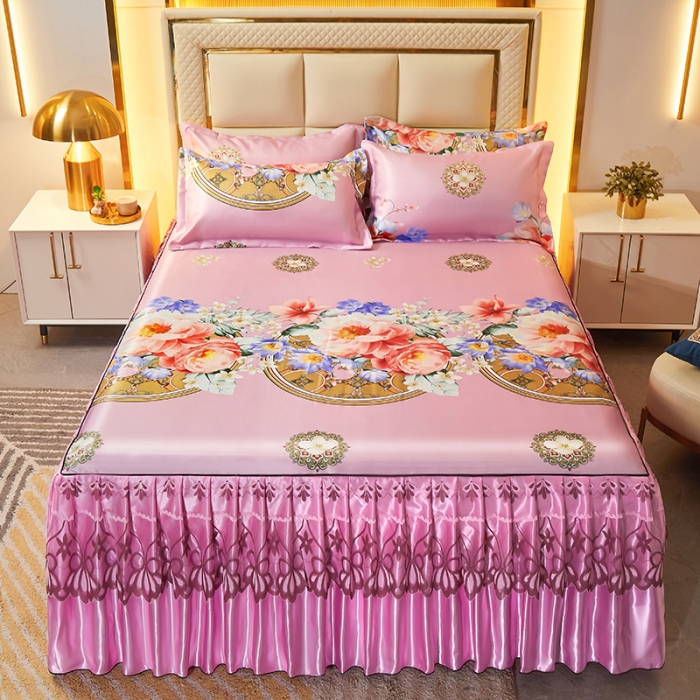 91家纺网 家纺一手货源 找家纺 艾裙海 2025新款冰丝凉席三件套系列-床裙款 花开烂漫-粉