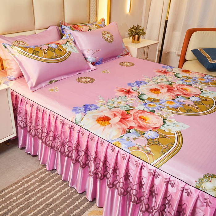 91家纺网 家纺一手货源 找家纺 艾裙海 2025新款冰丝凉席三件套系列-床裙款 花开烂漫-粉