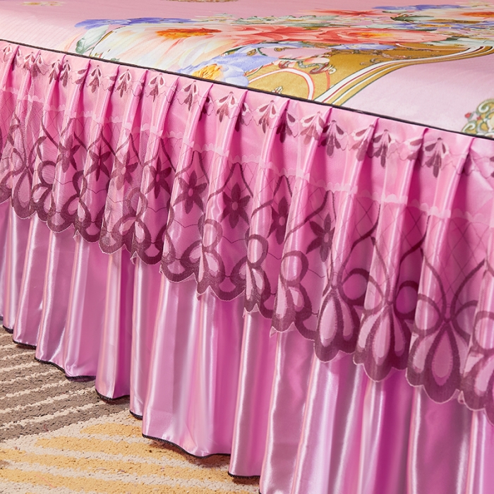 91家纺网 家纺一手货源 找家纺 艾裙海 2025新款冰丝凉席三件套系列-床裙款 花开烂漫-粉