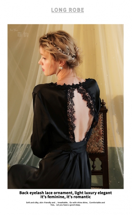 91家纺网 家纺一手货源 找家纺 （总）洛兰沙 菲韵秋冬新款性感睡袍长款浴袍睡衣女长袖露背女士缎面家居服