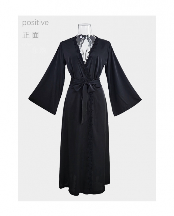 91家纺网 家纺一手货源 找家纺 （总）洛兰沙 菲韵秋冬新款性感睡袍长款浴袍睡衣女长袖露背女士缎面家居服