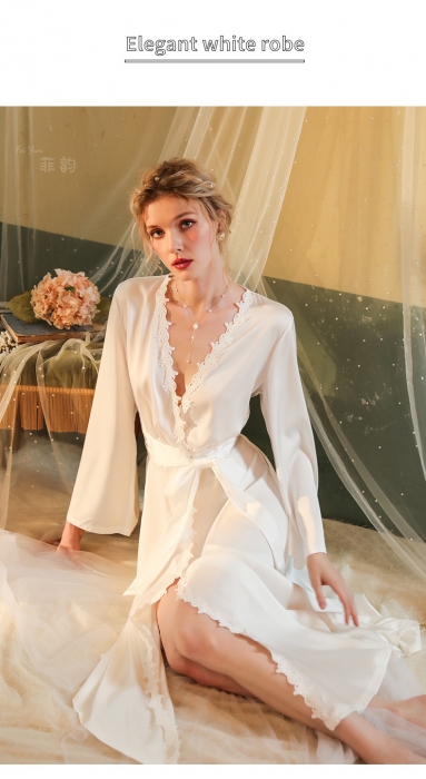 91家纺网 家纺一手货源 找家纺 （总）洛兰沙 菲韵秋冬新款性感睡袍长款浴袍睡衣女长袖露背女士缎面家居服