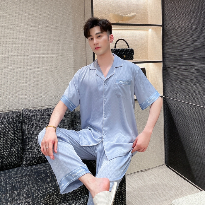 91家纺网 家纺一手货源 找家纺 （总）洛兰沙 夏季冰凉睡衣情侣款冰丝丝绸可外穿居家服套装女厂家直销