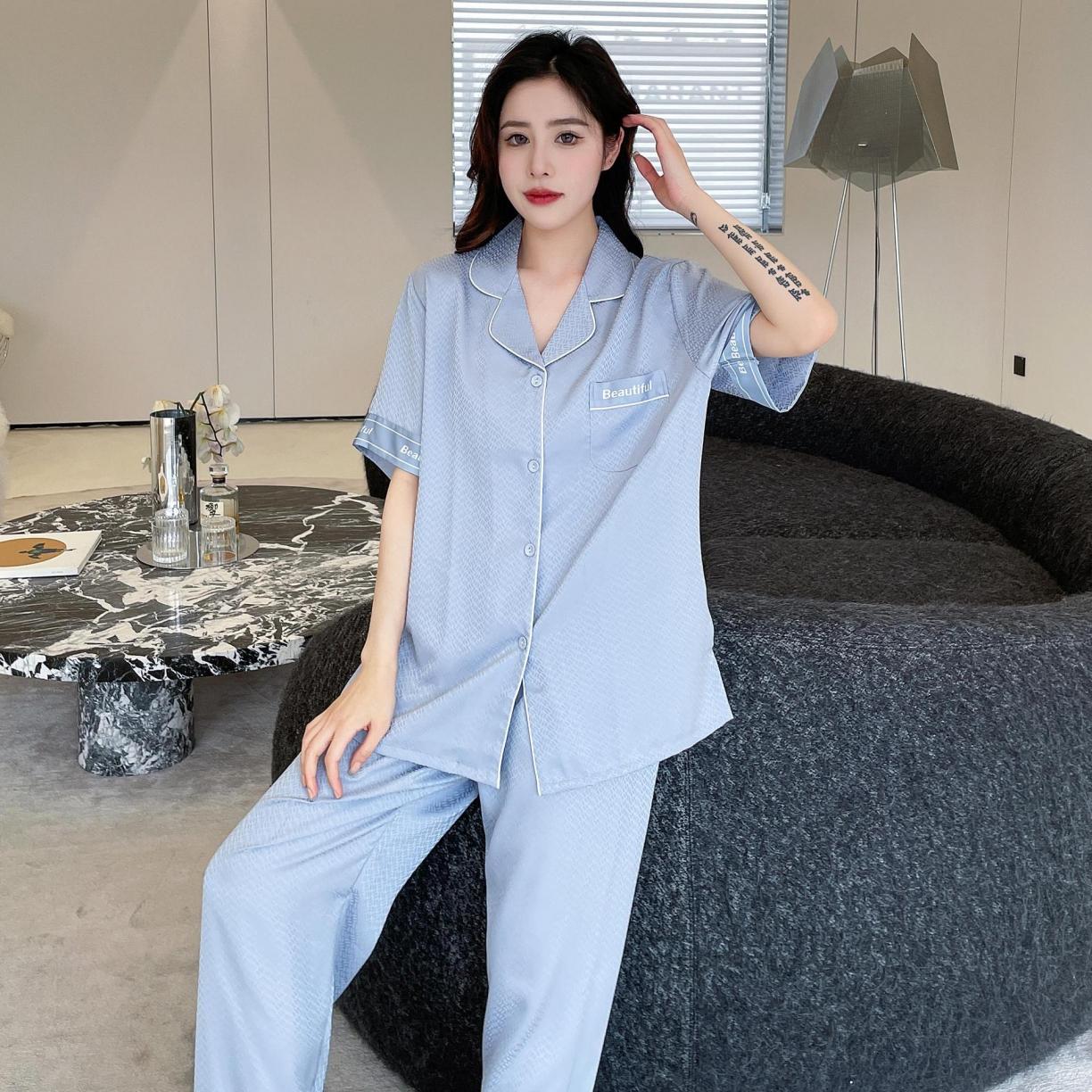 91家纺网 家纺一手货源 找家纺 （总）洛兰沙 夏季冰凉睡衣情侣款冰丝丝绸可外穿居家服套装女厂家直销