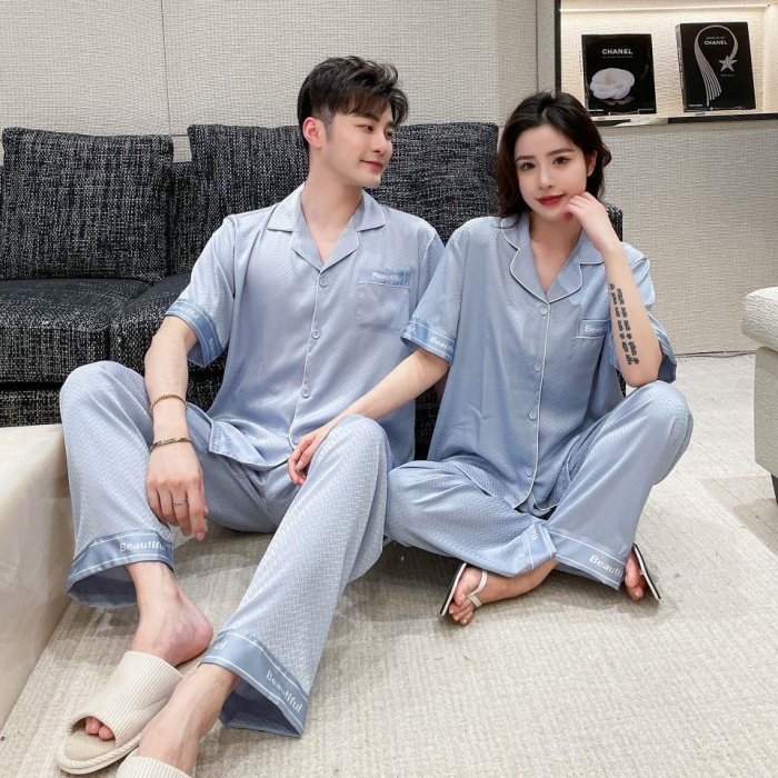 91家纺网 家纺一手货源 找家纺 （总）洛兰沙 夏季冰凉睡衣情侣款冰丝丝绸可外穿居家服套装女厂家直销