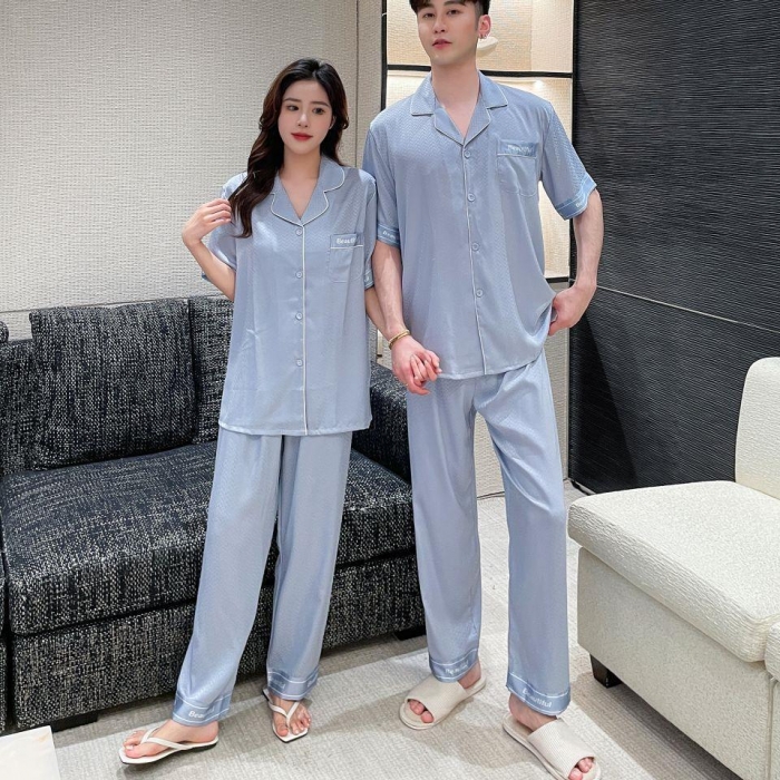 91家纺网 家纺一手货源 找家纺 （总）洛兰沙 夏季冰凉睡衣情侣款冰丝丝绸可外穿居家服套装女厂家直销