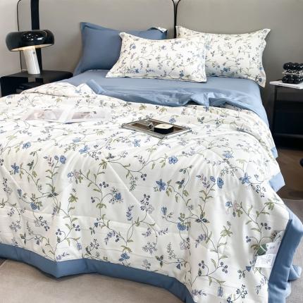 91家纺网 家纺一手货源 找家纺 帕拉美拉 2025新款水洗棉麻双层纱大豆夏被 夕颜-蓝