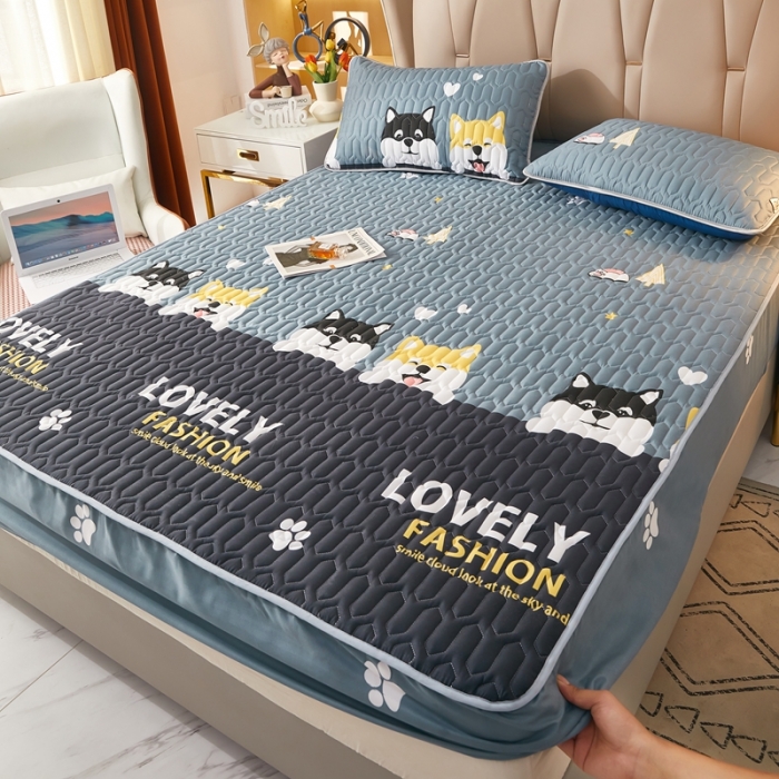 91家纺网 家纺一手货源 找家纺 202直播新款亲肤水洗棉夹棉防水床笠床垫床罩保护罩 嘻哈狗