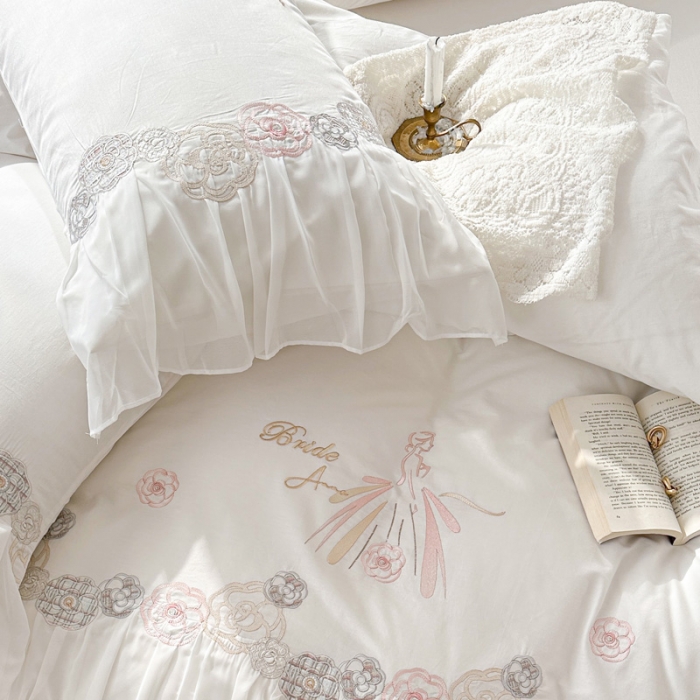 91家纺网 家纺一手货源 找家纺 亲亲公主 2025新款全棉蕾丝公主风四件套-芊芊公主 白色