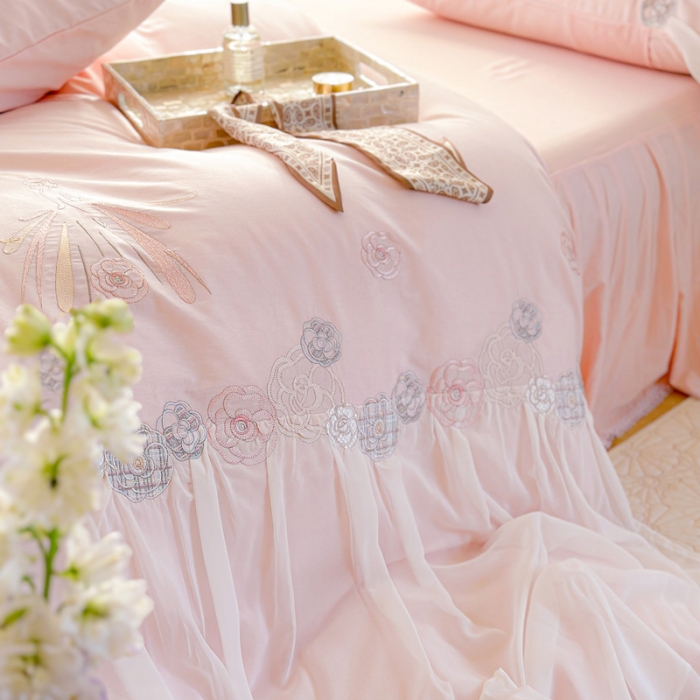 91家纺网 家纺一手货源 找家纺 亲亲公主 2025新款全棉蕾丝公主风四件套-芊芊公主 粉色