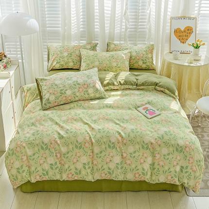 91家纺网 家纺一手货源 找家纺 优选 2025直播爆款法式风双层纱棉麻水洗棉四件套 花开半夏