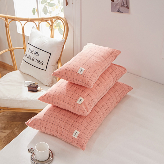 91家纺网 家纺一手货源 找家纺 眠优居 全棉色织水洗棉日系枕套【口袋枕】 格里-粉(日系枕)