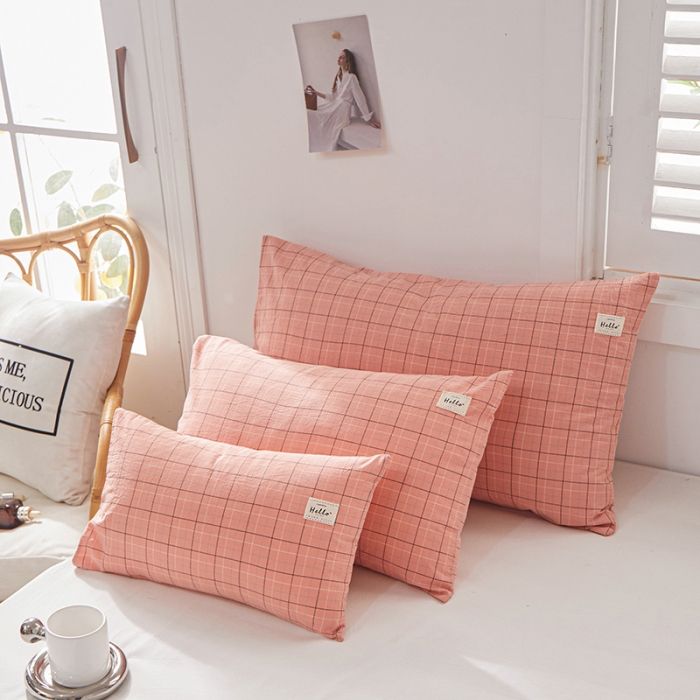 91家纺网 家纺一手货源 找家纺 眠优居 全棉色织水洗棉日系枕套【口袋枕】 格里-粉(日系枕)