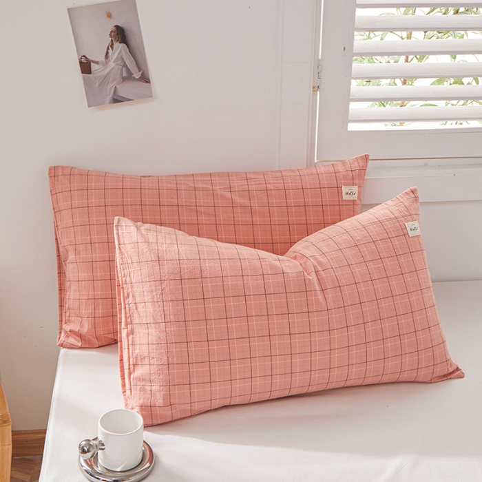 91家纺网 家纺一手货源 找家纺 眠优居 全棉色织水洗棉日系枕套【口袋枕】 格里-粉(日系枕)