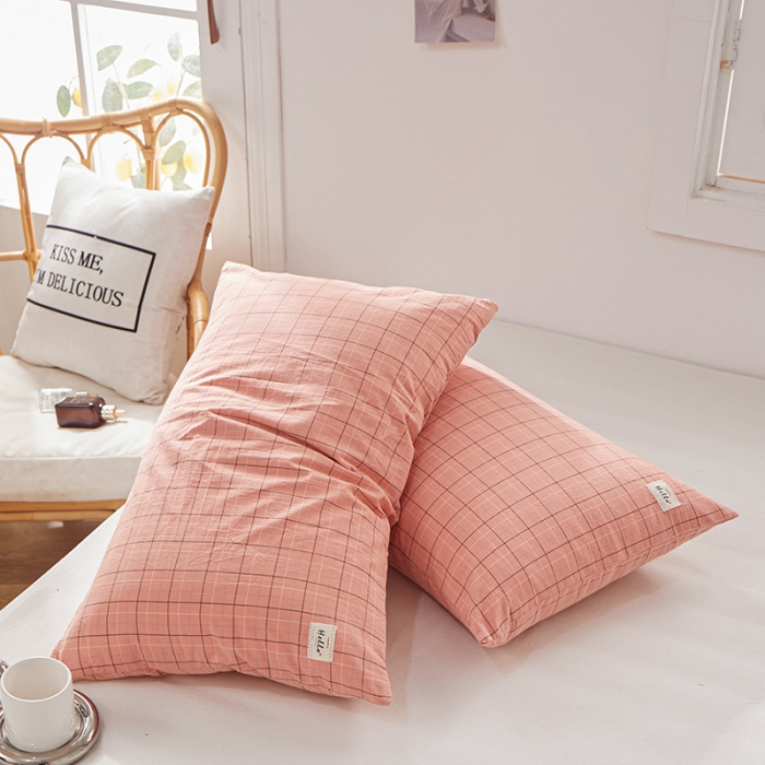 91家纺网 家纺一手货源 找家纺 眠优居 全棉色织水洗棉日系枕套【口袋枕】 格里-粉(日系枕)