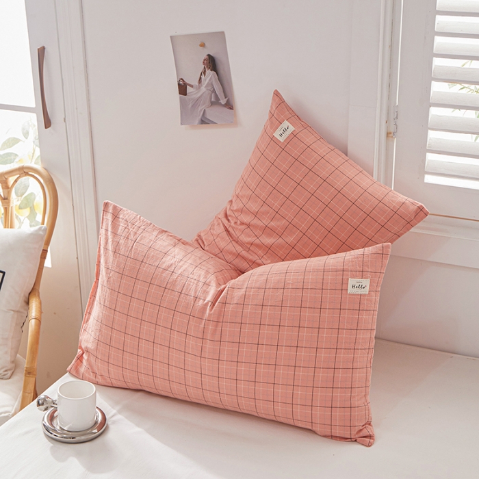 91家纺网 家纺一手货源 找家纺 眠优居 全棉色织水洗棉日系枕套【口袋枕】 格里-粉(日系枕)