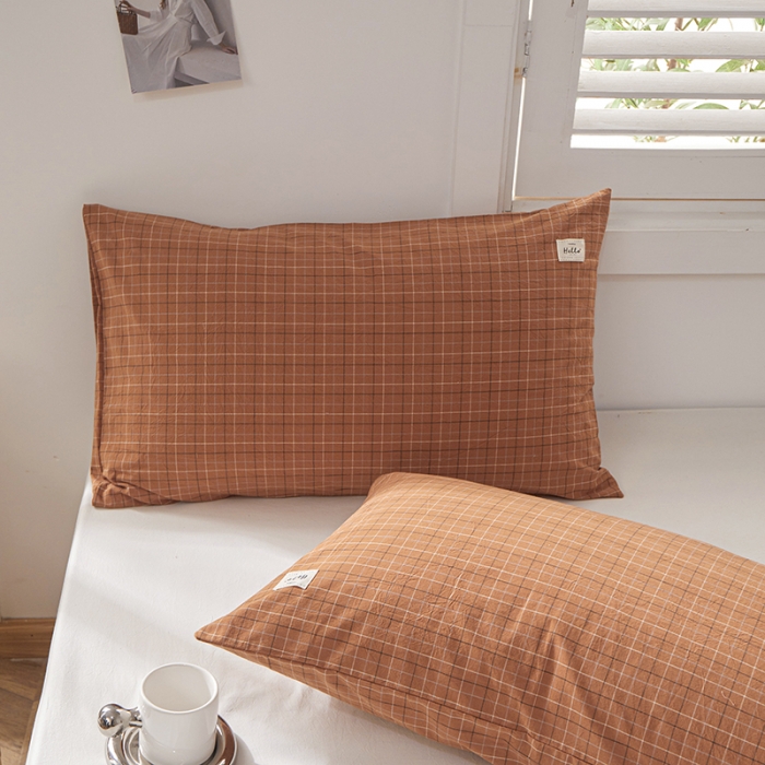 91家纺网 家纺一手货源 找家纺 眠优居 全棉色织水洗棉日系枕套【口袋枕】 格里-咖 (日系枕)