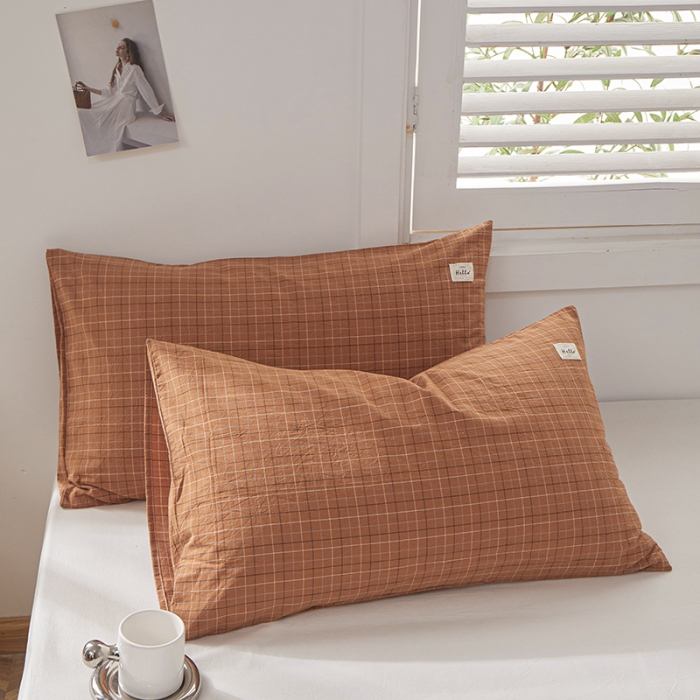 91家纺网 家纺一手货源 找家纺 眠优居 全棉色织水洗棉日系枕套【口袋枕】 格里-咖 (日系枕)