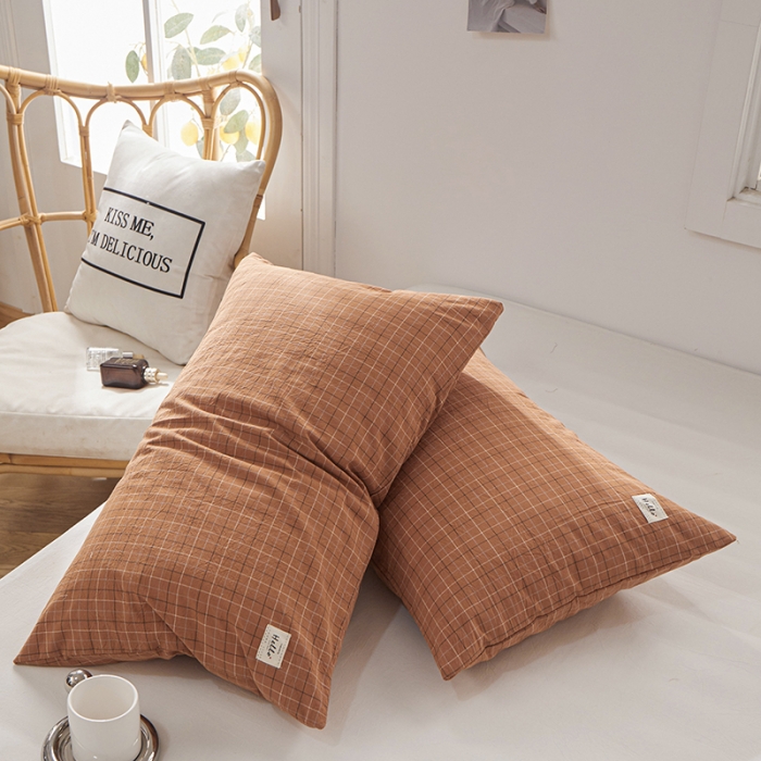 91家纺网 家纺一手货源 找家纺 眠优居 全棉色织水洗棉日系枕套【口袋枕】 格里-咖 (日系枕)